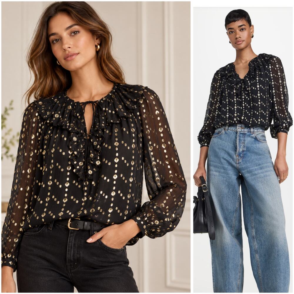 Ulla Johnson Emilie Black Gold Metallic Silk Ruffle Blouse Size 0 $450